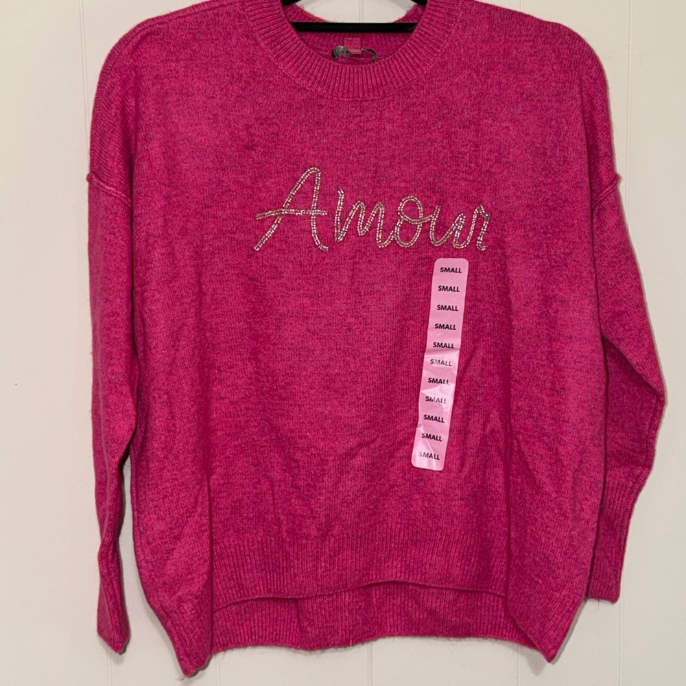 Vibrant Pink Sweater with Silver 'Amour' Detail
